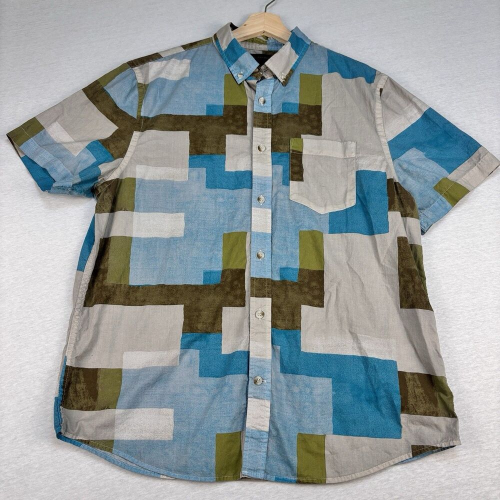 Banana Republic Shirt L Slim Fit Geometric Blocks Blue Green Brown